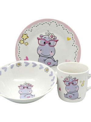 Children's 3-piece porcelain dining set hippopotamus new