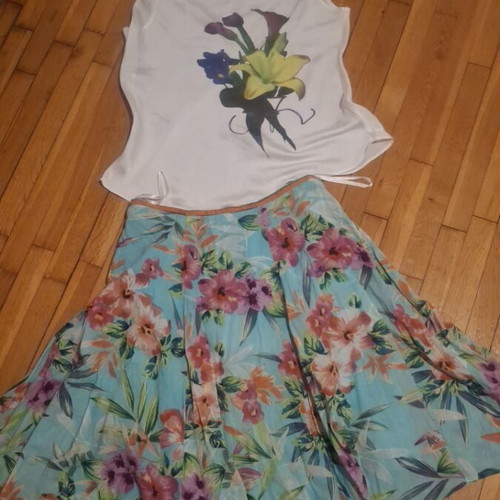 Forel satin blouse and flared skirt set, size M