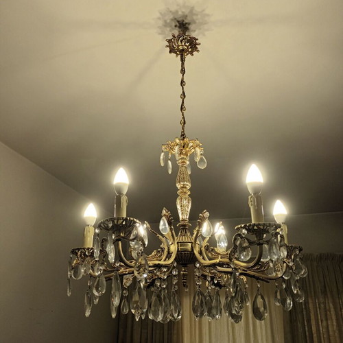 Chandelier, brass with crystals