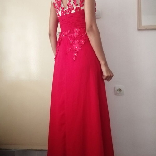 Elegant long red evening dress with floral embroidery and beads, size M