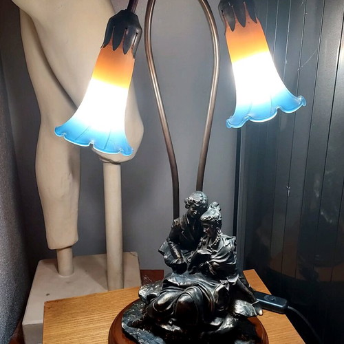 Armani vintage table lamp with bronze statue and tricolor glass like new