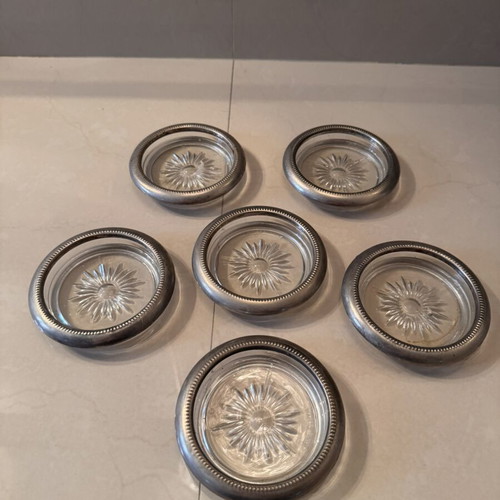 Glass coasters with silver plate border, set of 6, like new