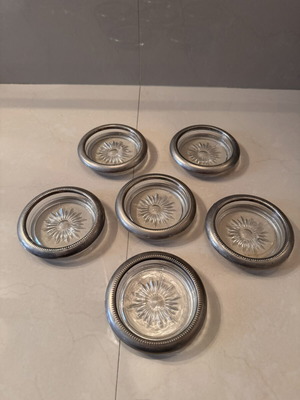 Glass coasters with silver plate border, set of 6, like new