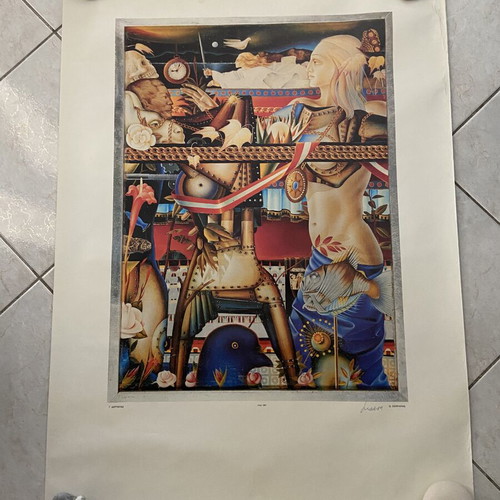 Signed poster by Georgios Derpapas used, surrealist art 1989