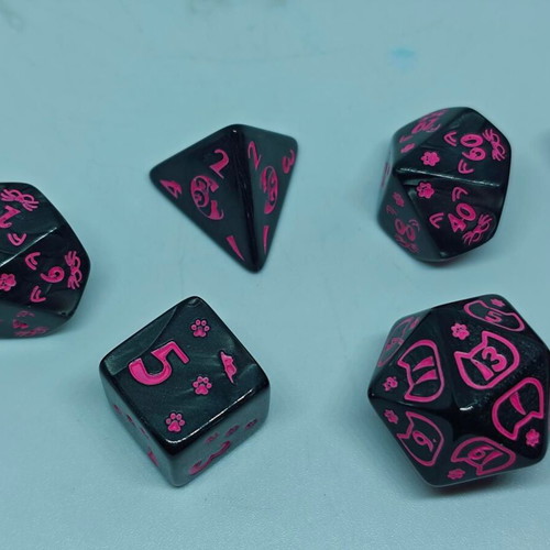 RPG Cat Lovers dice set like new, black and neon pink