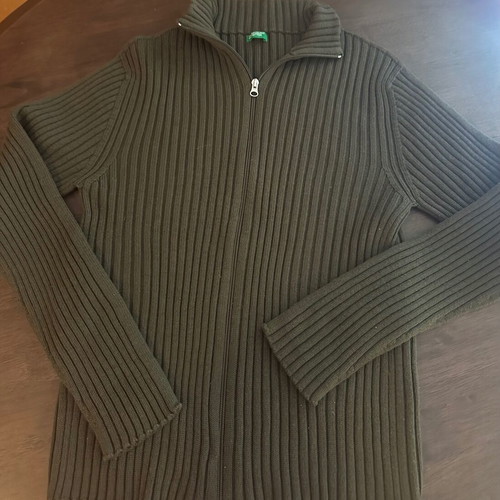Benetton XL men's knitted cardigan with zipper, khaki