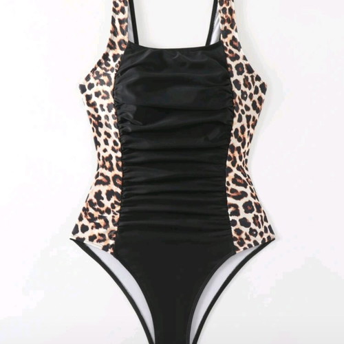 Women's black swimsuit with leopard details, removable chest padding
