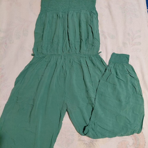 Strapless jumpsuit used, green, soft elastic bust, wide legs