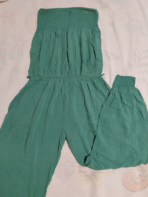 Strapless jumpsuit used, green, soft elastic bust, wide legs