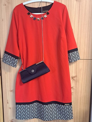 Midi cocktail dress like new, red with unique hem and 3/4 sleeves