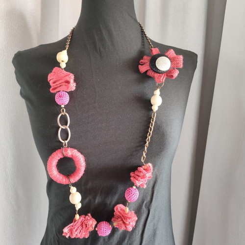 Statement handmade necklace with fabric and crochet beads