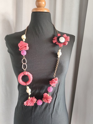 Statement handmade necklace with fabric and crochet beads
