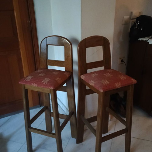 Wooden bar stools pair with backrest, like new, burgundy fabric