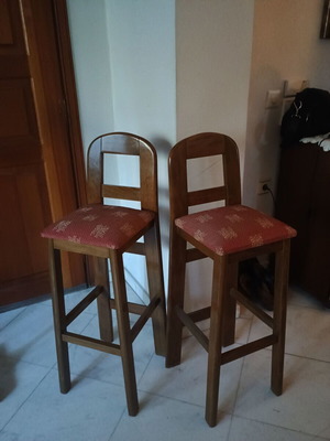 Wooden bar stools pair with backrest, like new, burgundy fabric