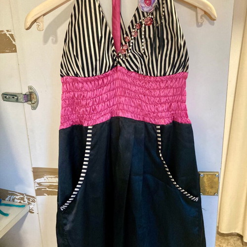 Tassos Mitropoulos short satin dress like new, black and pink