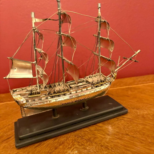 Set of 3 metal sailing ships used, vintage captain's collection