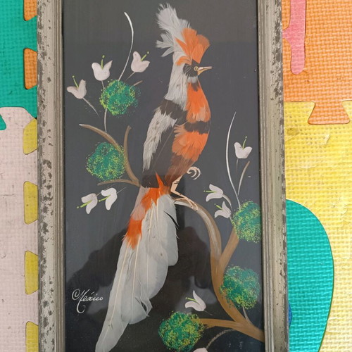Frame used with wooden border and bird feathers from Mexico