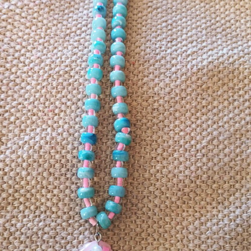 Handmade necklace with turquoise resin and pink beads, boho summer style
