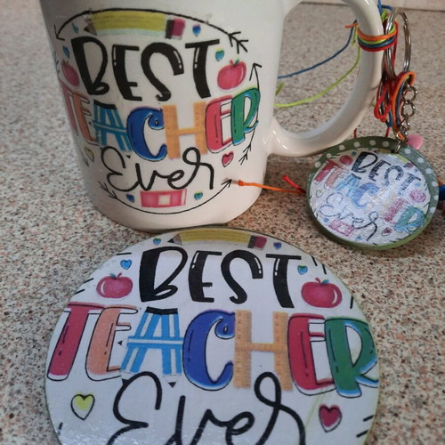 Gift mug for teacher with coaster and keychain, new