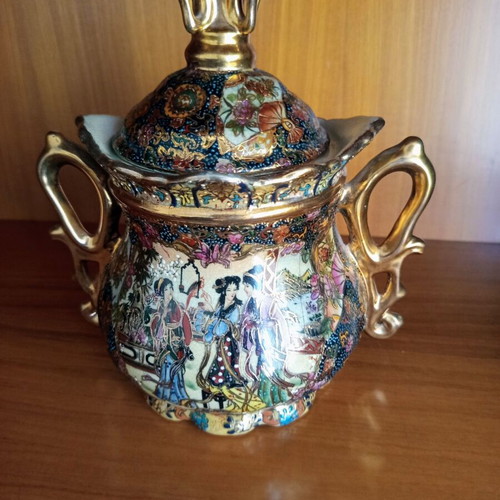 Vintage Japanese Satsuma porcelain jar with lid and gold handles