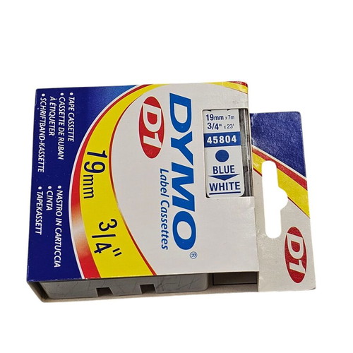 Label tape 19mm new, blue print on white background