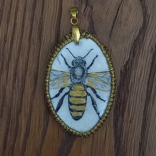 Handmade ceramic bee pendant new with glass coating and macrame detail