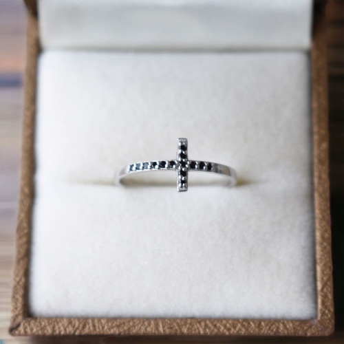 Cross ring new silver 925 with black zirconia stones