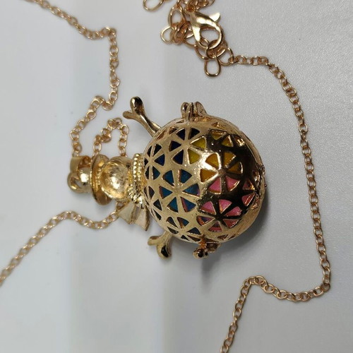 Snowman Pendant Necklace with Colorful Pom Poms like new, gold tone