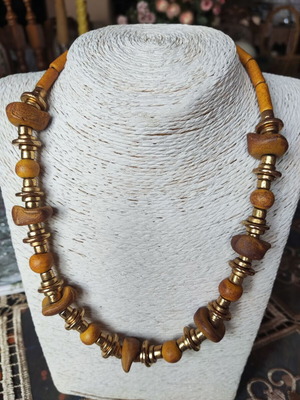 Handmade vintage necklace with ceramic beads and metal elements, like new