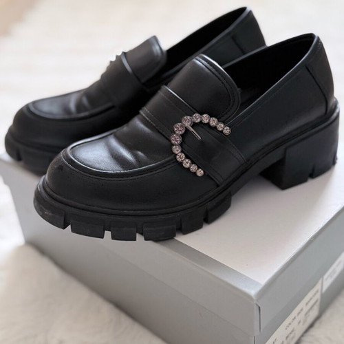 Migato loafers black like new with rhinestone buckle and chunky heel