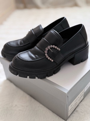 Migato loafers black like new with rhinestone buckle and chunky heel