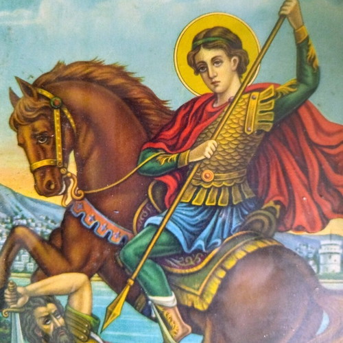 Saint Demetrios Lithograph used with wooden frame