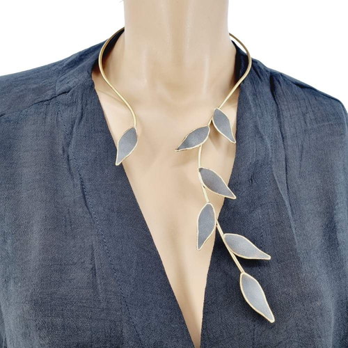 Fixed necklace new stainless steel with tree branch design black-gold