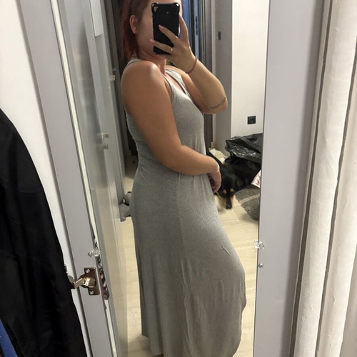 Regalinas grey maxi dress with front slit, racerback, one size