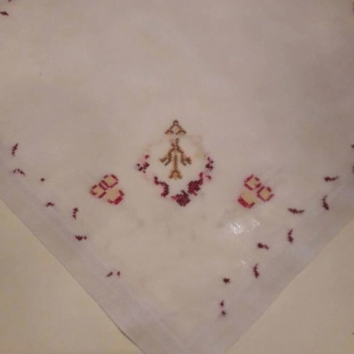 Hand-Embroidered Tablecloth like new, ecru with earthy, burgundy and olive tones