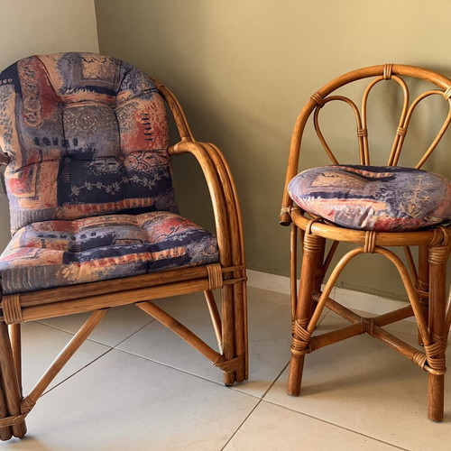Bamboo furniture set with cushions, vintage boho style