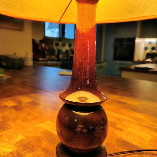 Wooden lamp with warm-colored shade like new