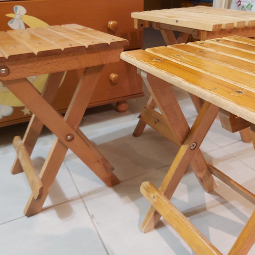 Set of folding wooden stools brown beech