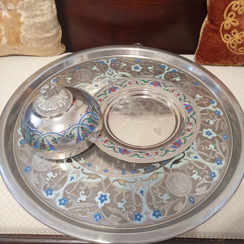Vintage serving tray and fondue set with cloisonné enamel, like new