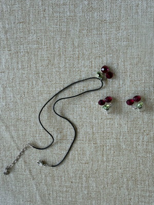 Swarovski necklace and earrings set, cherry shape, red and green