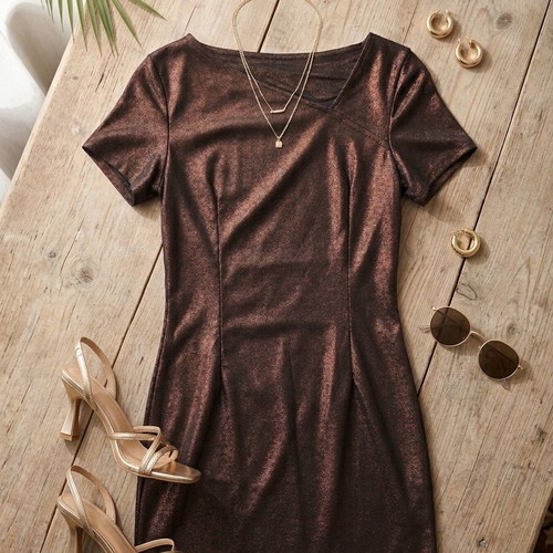 Mini dress chocolate with bronze metallic texture S/M like new
