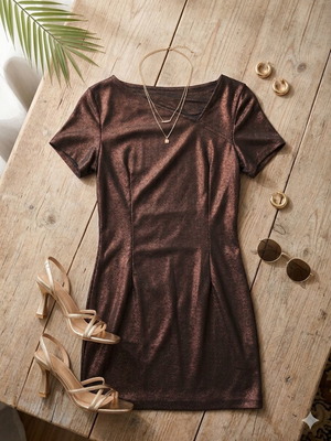 Mini dress chocolate with bronze metallic texture S/M like new