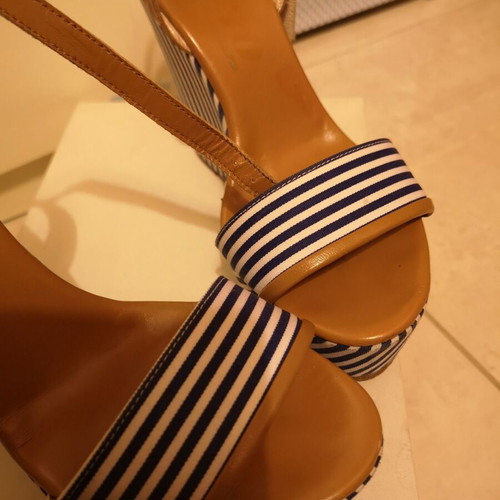 Striped platform shoes used, size 38, blue and white with brown details