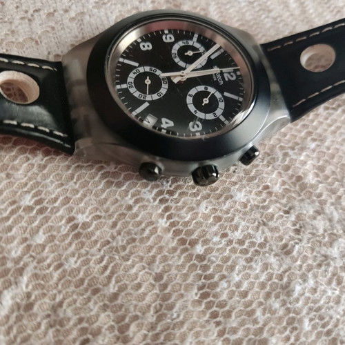 Swatch Irony Black Cup watch used with black leather strap