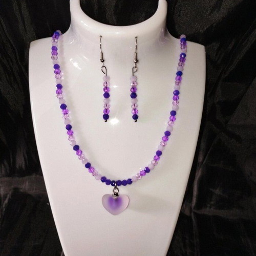 Handmade purple crystal elegant necklace and earrings set
