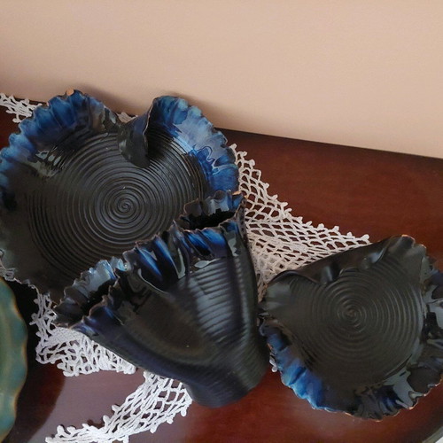 Set of 3 used clay decorative items with porcelain, blue-light blue-black