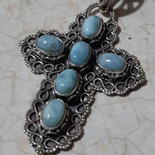 Silver 925 cross with larimar in antique style new