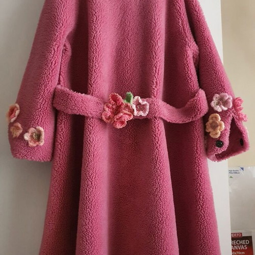 Coat new with crocheted handmade flowers pink S-M