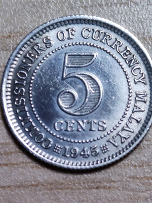 Malaya 5 cents 1945 silver coin used