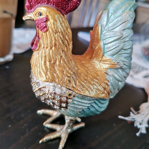 Vintage jewelry box with rooster design and Swarovski crystals used